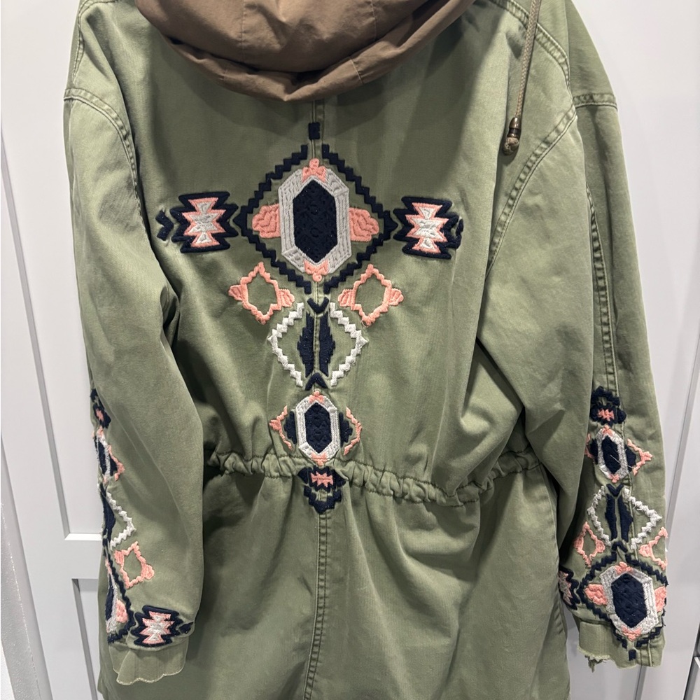 Free People Embroidered Army Green Hooded Tribal Embroidered Twill Parka Large - Picture 6 of 12
